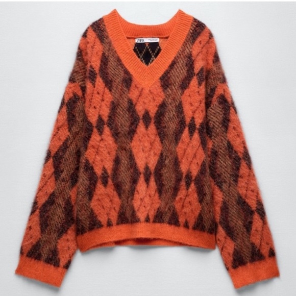 M 🔖 ZARA Wool Alpaca Blended Argyle Sweater V-neck - Picture 3 of 12